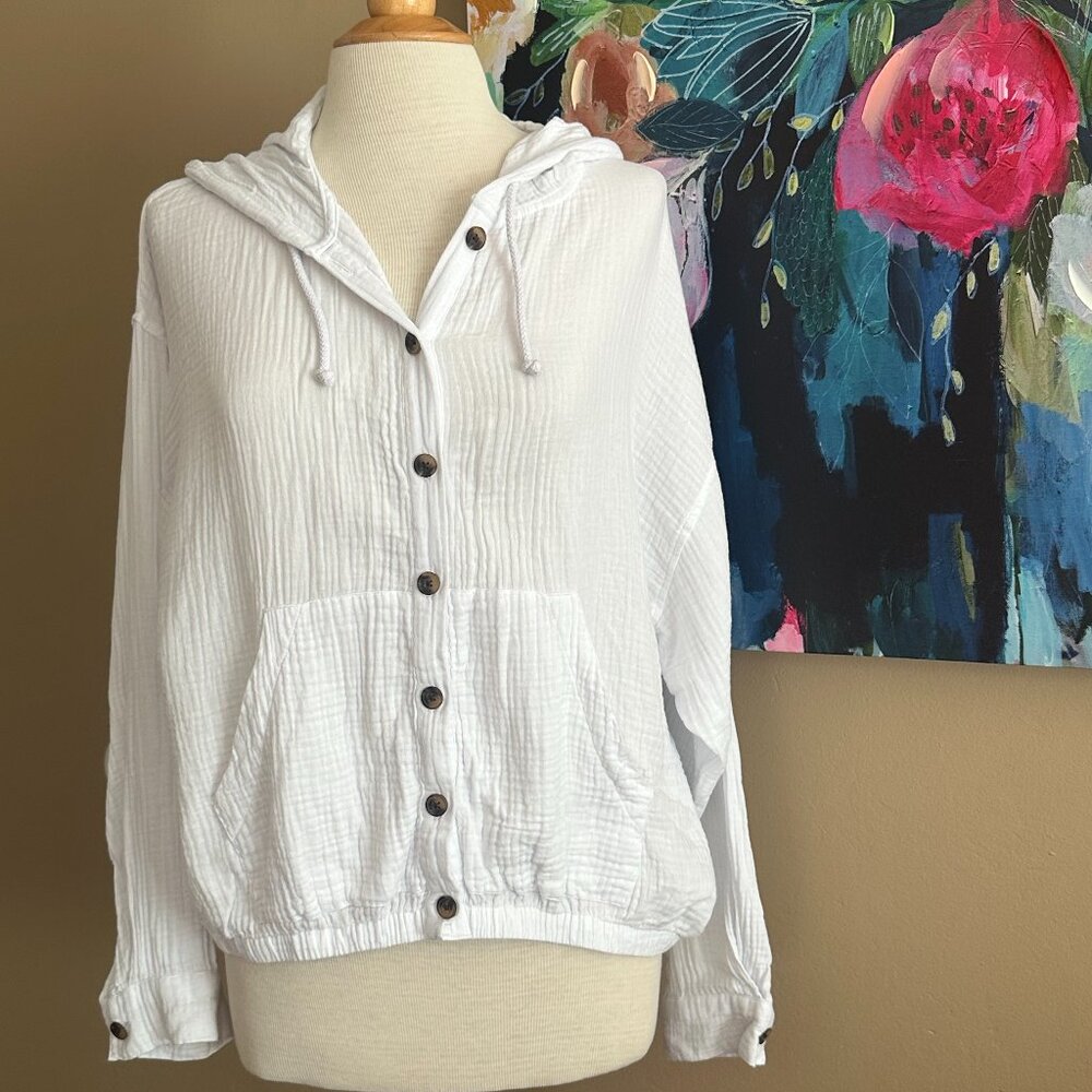 Supplies White Gauze Hoodie L Button Front Lightweight Beachy Boho Top
